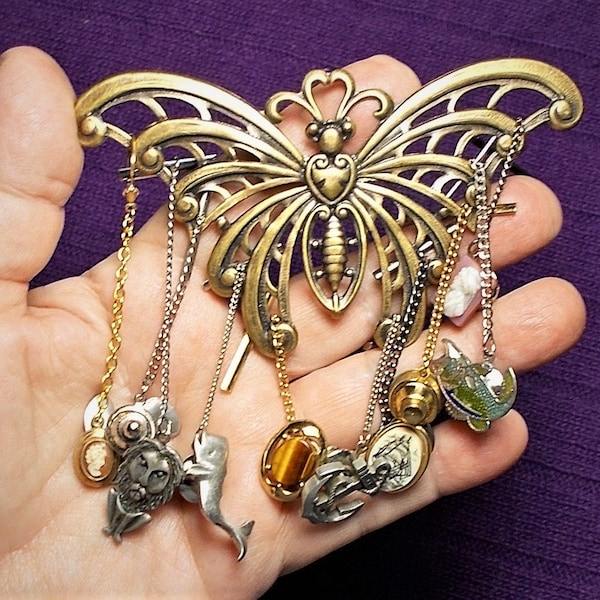 SALE große durchbohrte Messing Schmetterling CHATELAINE 10 Krawattennadeln, 2 Muschel Cameos, Fisch, Scrimshaw, Anker, Propeller, Löwe, Delfin, Edelsteine,