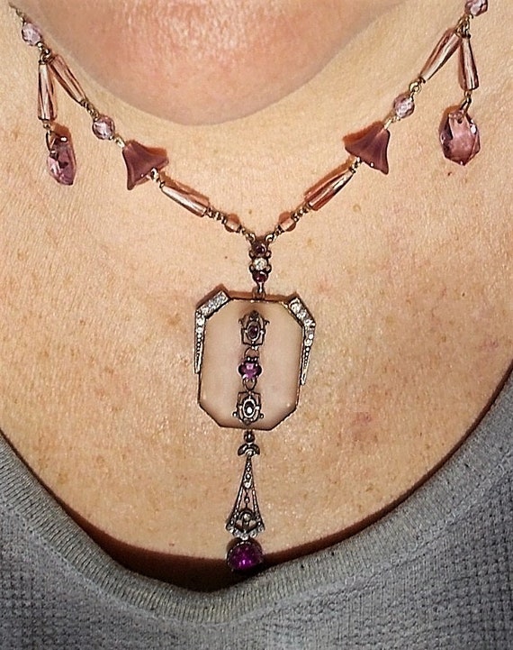 1910s Large Camphor Glass Lavalier w/ Amethyst Fa… - image 1