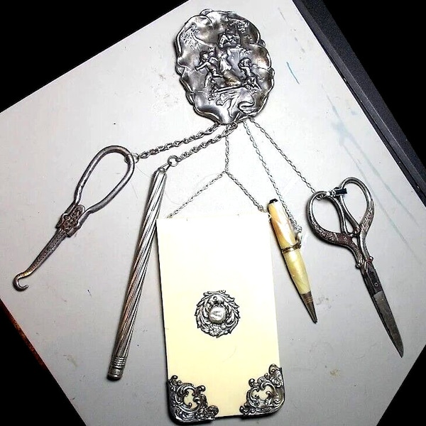 Victorian Tool Chatelaine Antique Sterling Large 1920 Mother & Cherubs Brooch, Notepad, Mechanical Pencil, Scissors, Shoe Hook, Holder