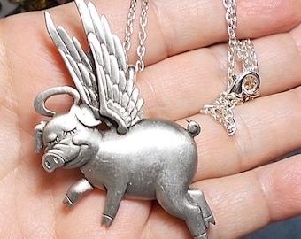 QUIRKY GIFTS, When Pigs Fly Vintage Pewter JJ Jewelry Flying Pig 1970s Brooch. I Added Pendant Adapter & Silver Plate Chain Copywrighted J J