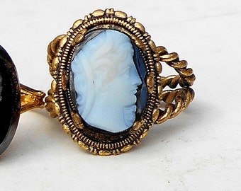 SALE 1 Cameo Ring 1930s Sardonyx Vintage Hand Carved Cameo on Vintage Filigree Twisted Gold Tone Brass Adjustable Ring Marked W. Germany.