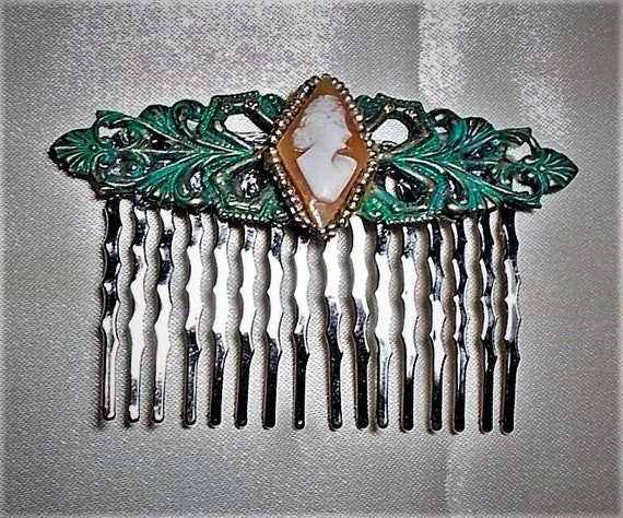 Verdigris Cameo Hair Comb Side Vintage Hand Carve… - image 2