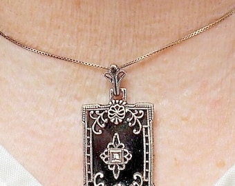 1 Vintage DIAMOND BLACK Onyx in Edwardian Sterling Filigree Art Deco Necklace  Work Art Deco