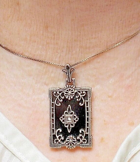 1 Vintage DIAMOND BLACK Onyx in Edwardian Sterling