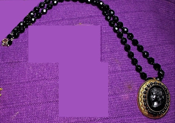 1 1940 Large Mourning Black Cameo Necklace Glass … - image 2