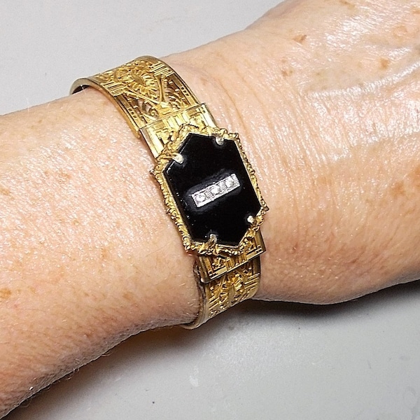 1920s Marked PSCO Onyx CUFF Gold Plated Open Work Filigree Gorgeous Etched Band Rhinestone Across Onyx 6 3/4" Cuff. Bright Beautiful 189.90