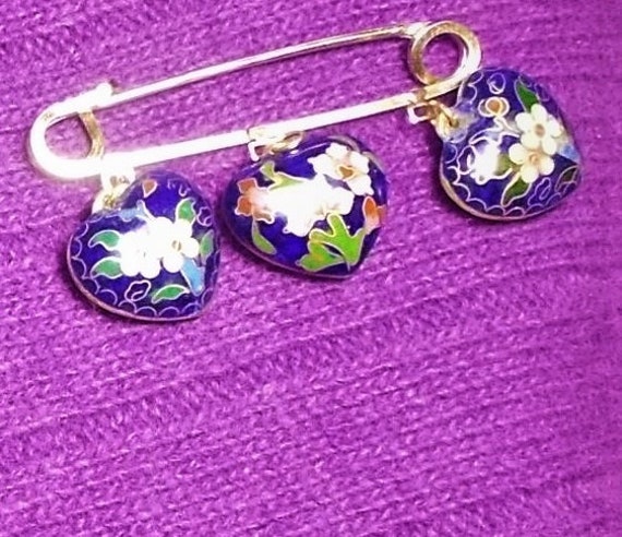 SALE Puffy Cobalt 3 Cloisonne Heart Safety Pin.  … - image 2
