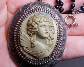 Large 1 3/4" Lava Cameo Goddess w/ Wings Necklace 1900s Hand Carved High Relief Beauty Large Curly Tendrils. on Celluloid 25"Necklace OOAK