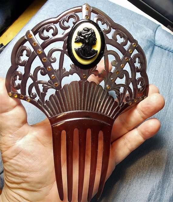 1940 Victorian Cameo Hair Comb Antique Rhinestone Mahogany 