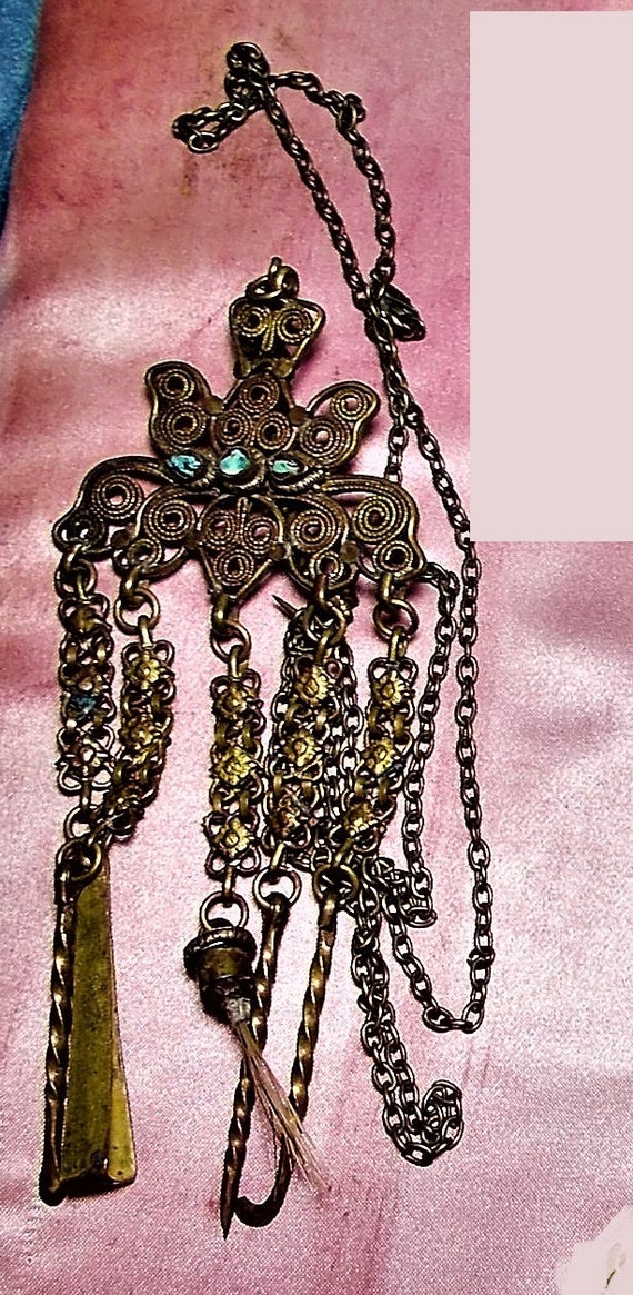 Antique Brass w/ Turquoise Chatelaine w/ 4 Brass … - image 3