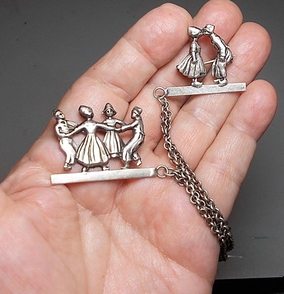 Kissing Sterling Chatelaine Double Brooch. 4 Boys… - image 1