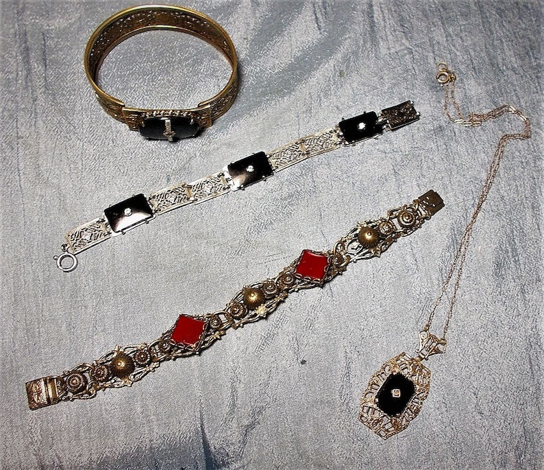1930s Vintage Carnelian Stone Link Bracelet Set on Point Open Work w Brass Groved Domes Silver Plated Ornate Filigree Linked Only 89.90
