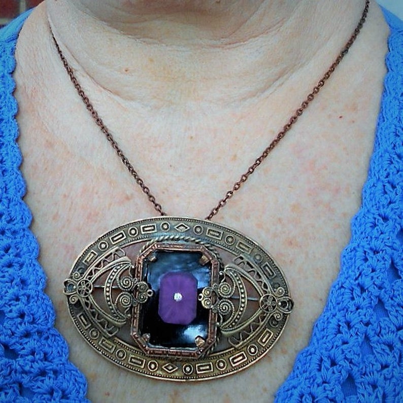 3 Brass Greek Art Deco Layers Geometrics Filigree 2 Added Vintage Camphor Glass Scrolls SALE 1900/'S GORGEOUS Sash Pin w Camphor Glass