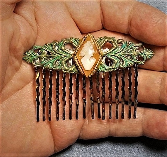 Verdigris Cameo Hair Comb Side Vintage Hand Carve… - image 1