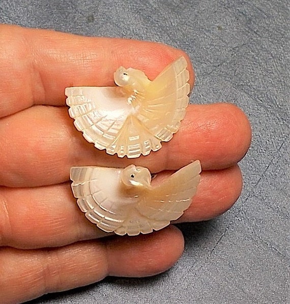 Mother of Pearl Carved Dove Earrings Screw Back M… - image 1