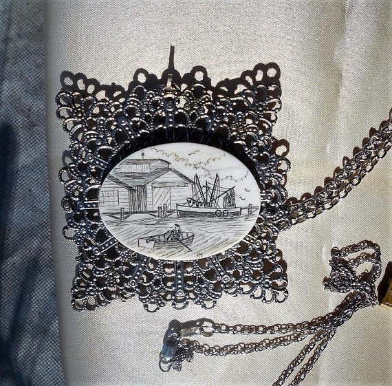 Faux Scrimshaw boat ship drawing etching nautical - Gem