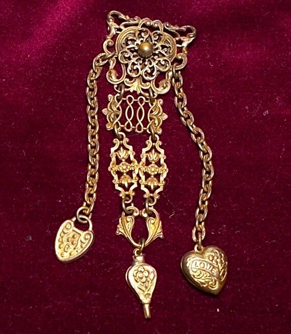 1  Brass LOVE Chatelaine w/ 3 Large Dangles Hangi… - image 2