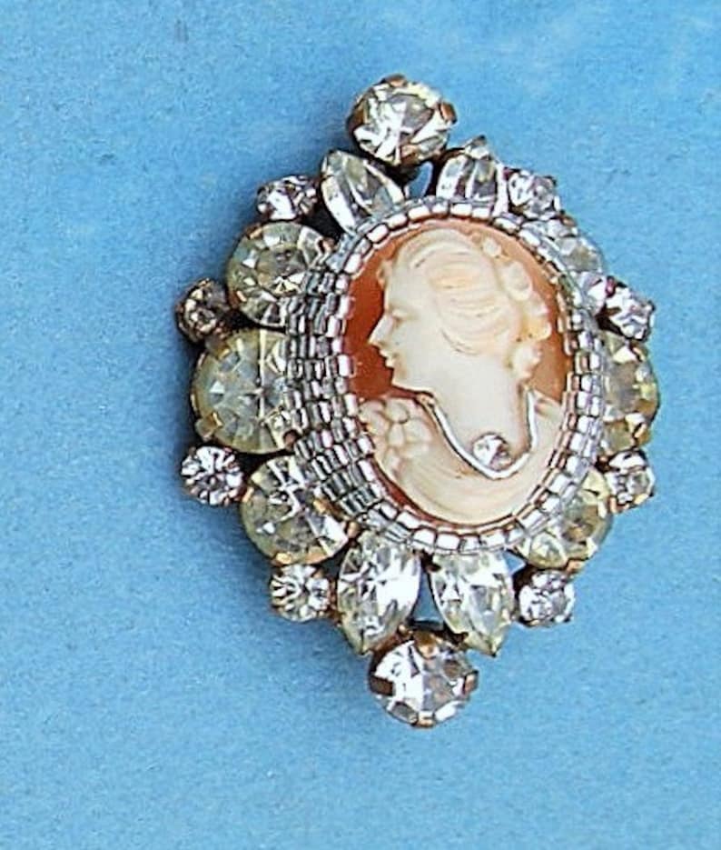 SALE Habille Cameo Vintage Hand Carved Shell Art Deco Brooch Pendant of Sparkling Large Rhinestones Brooch 89.00 Pendant Converter Avail.