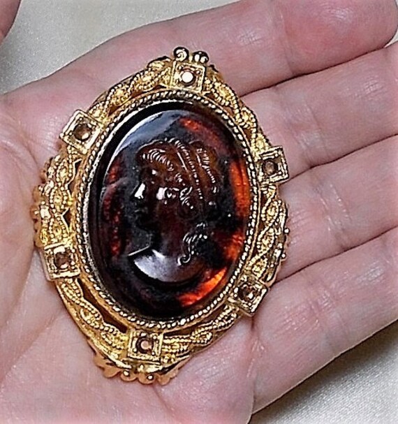 Celluloid Tortoise Cameo Brass w/ Rhinestones , B… - image 4