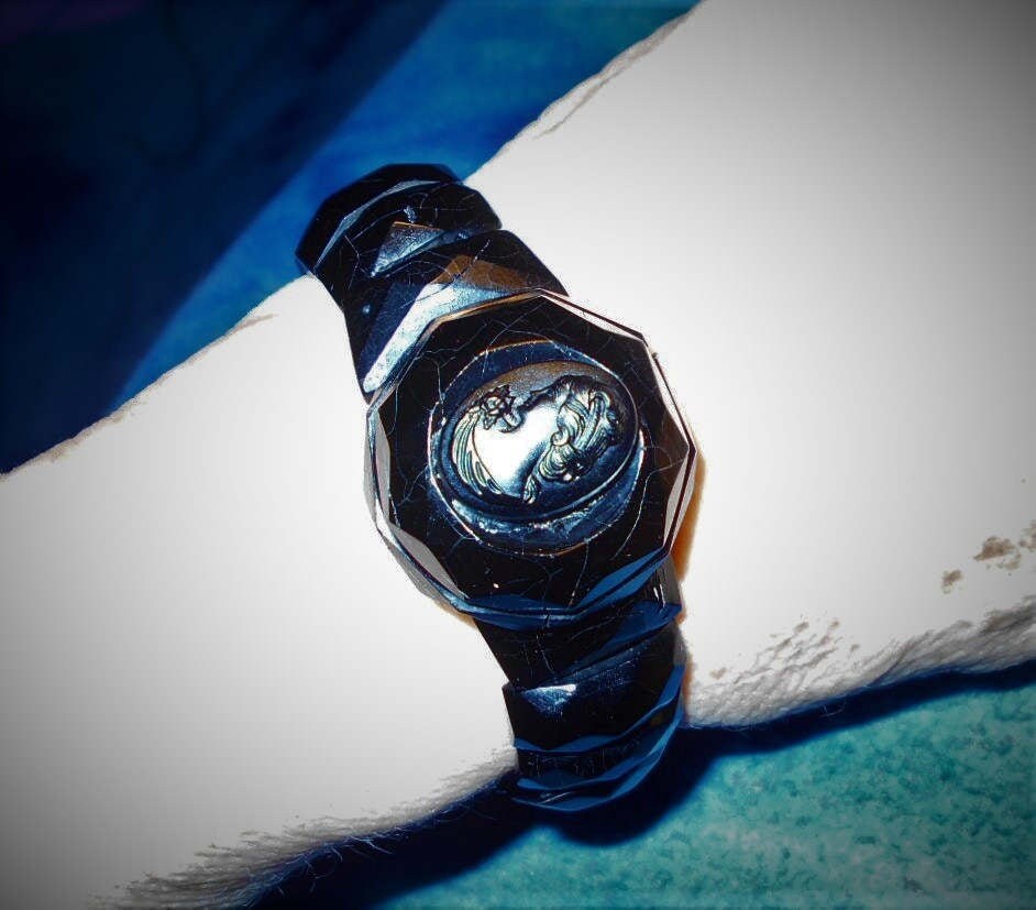 SALE Jet Black Cameo Cuff w/ Small Celluloid Black Cameo Antique Art Deco. Antique Black Jet Cuff Bracelet is on Black Stretch Cord.  119.90