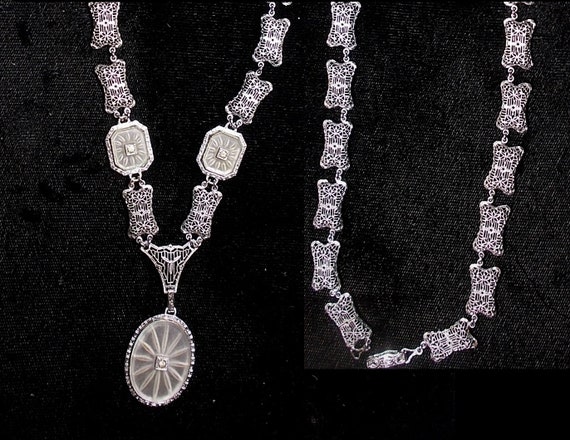 1920s 3 Camphor Glass Necklace Edwardian Rhodium … - image 1