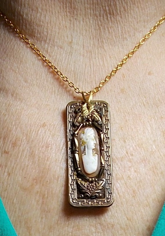 SALE Antique CAMEO Ornate Brass Necklace Coupled … - image 4