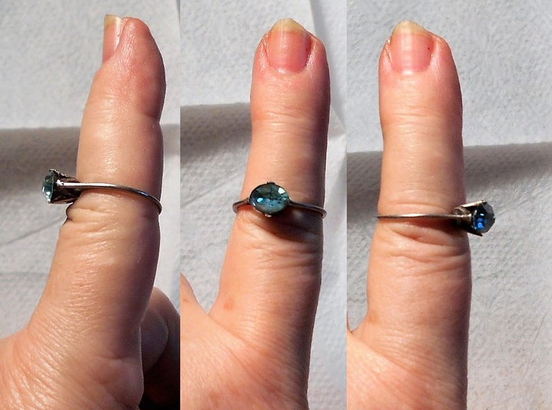 Size 6 12 SALE 1 Dainty Rhinestone Ring Thin Unmarked Silver 1 Blue Foiled Rhinestone Only19.90
