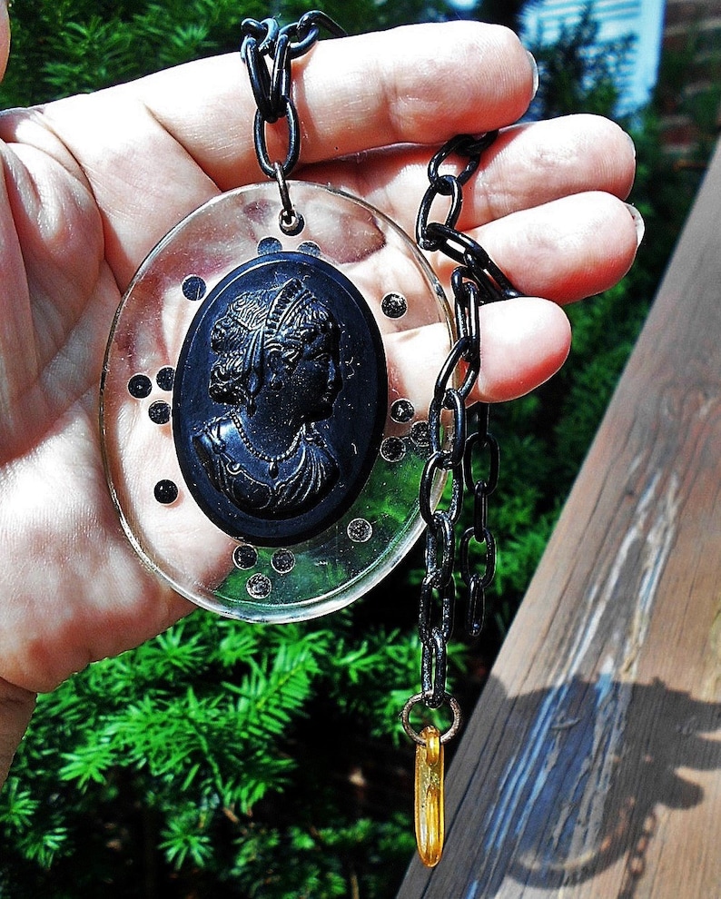 Only 99.90 SALE Antique Large Black Lucite Cameo Doublet With Polka Dots on Origianal Black Celluloid Link 19 Chain