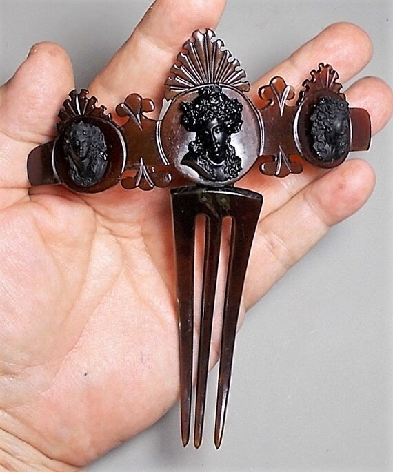 Sale 1880 Victorian 3 Black Cameos Hair Comb HING… - image 6