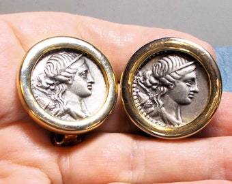 Silver & Gold Tone Cleopatra Cameo EARRINGS, Clip Ons, Great Condition 30 Some Yrs Old. Strong Feminine, Beautiful.