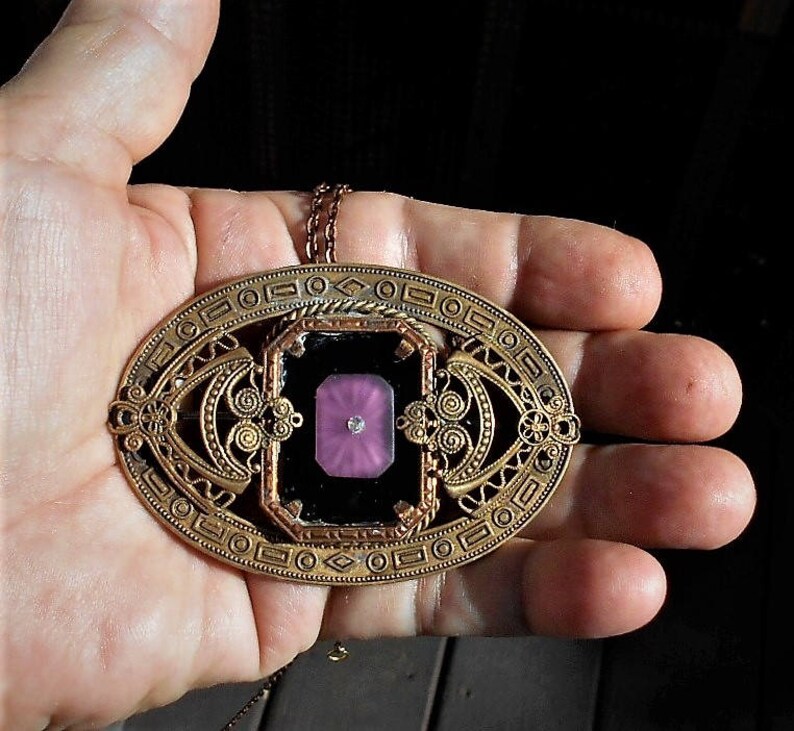 3 Brass Greek Art Deco Layers Geometrics Filigree 2 Added Vintage Camphor Glass Scrolls SALE 1900/'S GORGEOUS Sash Pin w Camphor Glass