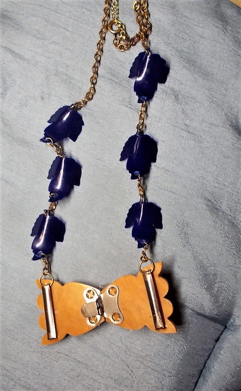 1930s Butterscotch Necklace Button BeltBuckle on Antique 1940s Blue Celluloid Gold Highlighted Deeply Carved Lifelike Leaves a Brass Chain