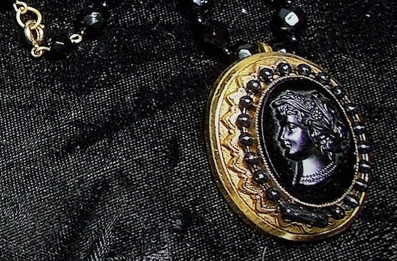 1 1940 Large Mourning Black Cameo Necklace Glass … - image 3