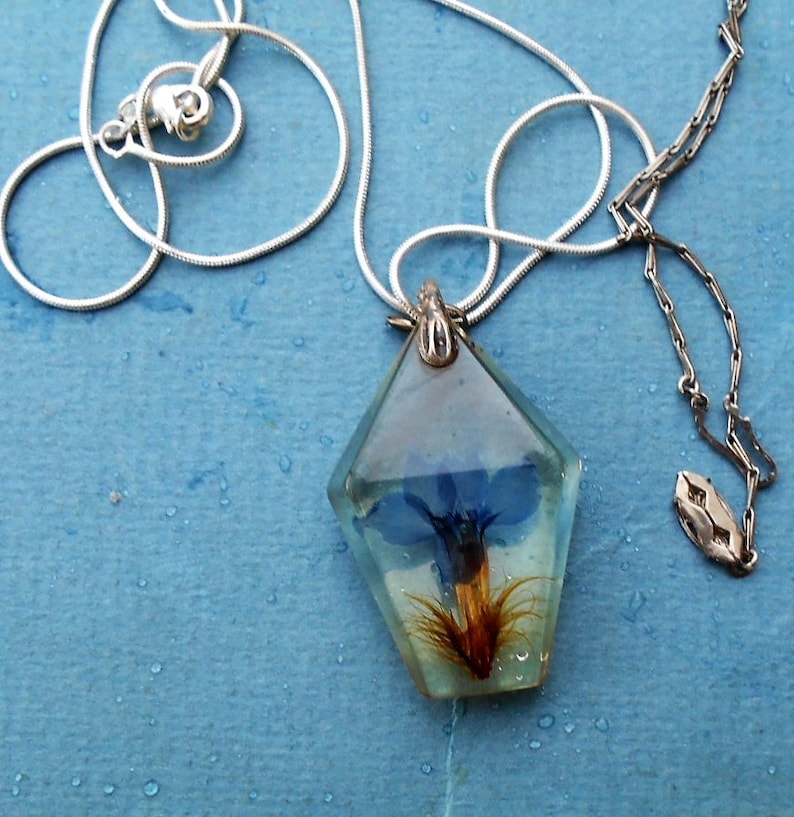 Only 39.90 SALE Clear Nearly 12 Thick Lucite Dried Blue Flower on 24 Sterling Snake Necklace