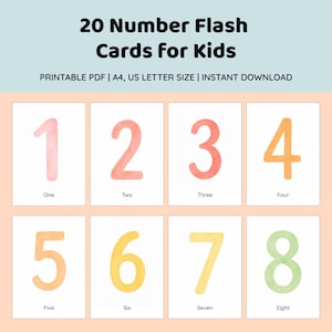 Puede incluir: Un conjunto de 20 tarjetas didácticas de números para niños con dígitos estilo acuarela del uno al ocho en varios colores pastel. El texto dice 20 Number Flash Cards for Kids, PRINTABLE PDF | A4, US LETTER SIZE | INSTANT DOWNLOAD, e incluye la palabra escrita debajo de cada número.