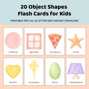Könnte beinhalten: Ein Set aus 20 Formenkarten für Kinder mit Aquarellillustrationen eines rosa Kreises, eines quadratischen Fensters, eines dreieckigen Pizzastücks, eines Seesterns, eines gelben Herzens, eines rautenförmigen Drachens, eines grünen Ovals und einer trapezförmigen violetten Lampe mit Textbeschriftungen.