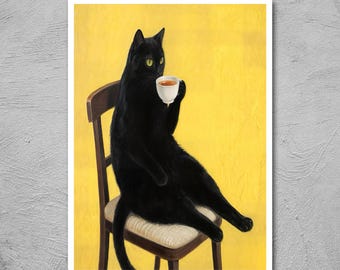 Lámina artística de gato negro / Póster liso amarillo y negro, tamaños A4/A3/7x5''