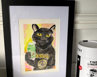 Gato con camiseta de Nirvana y bebida. Pintura de acuarela original / Obra de arte hecha a mano, tamaño A5.