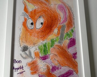 Lobo, Pastel al óleo, Hora de cenar / Dibujo al pastel al óleo / Obra de arte original hecha a mano, A4