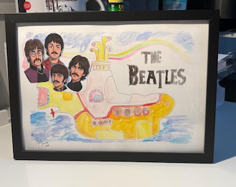 Pintura en acuarela de Yellow Submarine de los Beatles / Arte de técnica mixta, decoración de pared enmarcada tamaño A4