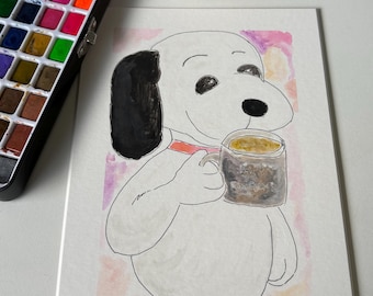 Acuarela original inspirada en el perro Snoopy / Obra de arte hecha a mano, tamaño A5