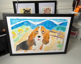 Cuadro de acuarela original de un perro Basset Hound entre girasoles y naturaleza / Obra de arte original hecha a mano, tamaño A3