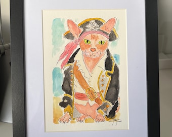 Gato esfinge con disfraz de pirata. Pintura en acuarela original / Obra de arte hecha a mano, tamaño A5.