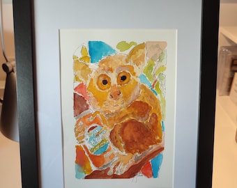 Tarsero con bebida. Pintura en acuarela original / Obra de arte hecha a mano, tamaño A5.