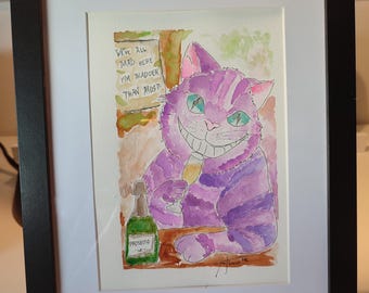 Gato de Cheshire con Prosecco. Pintura en acuarela original y peculiar / Obra de arte hecha a mano, tamaño A5.