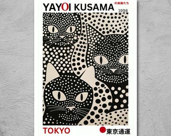 Póster de Yayoi Kusama "Trío de gatos con puntos", tamaños A4/A3/7x5''