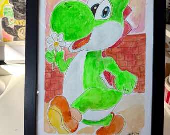 Arte de fans de Yoshi de Super Mario, pintura en acuarela peculiar / Obra de arte original hecha a mano, tamaño A4