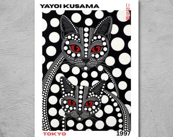Póster de Yayoi Kusama: Dos gatos con ojos rojos y lunares. Tamaños: A4/A3/7x5 pulgadas.
