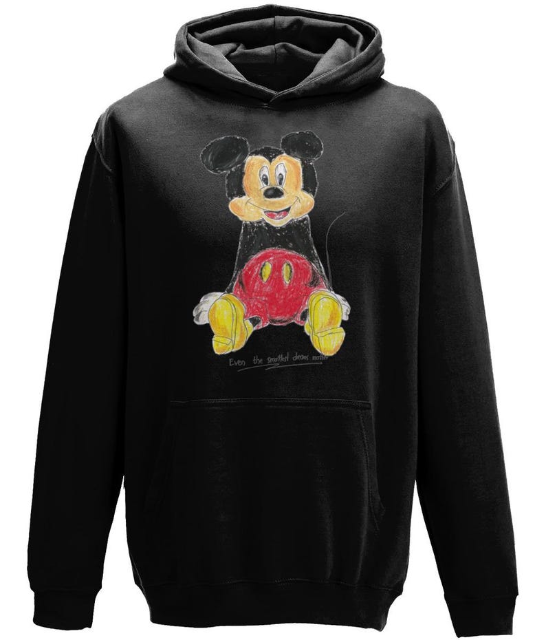 Felpa con cappuccio per bambini/neonati, abbigliamento casual con Topolino e grafica disegnata a mano /S M XL Jet Black