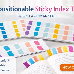 May include: Repositionable sticky index tabs in various colors, including blue, yellow, pink, and purple. The tabs are shown in packs and used as book page markers. The image also includes the text "Convenient, Writable, Removable" and "Now on Etsy."